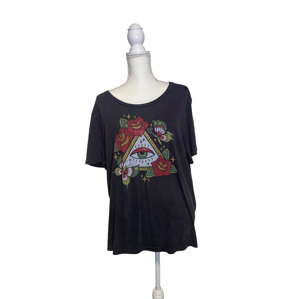 Lucky Brand Women's Black Bedazzled Pyramid Eye Short Sleeve Shirt Size XXL